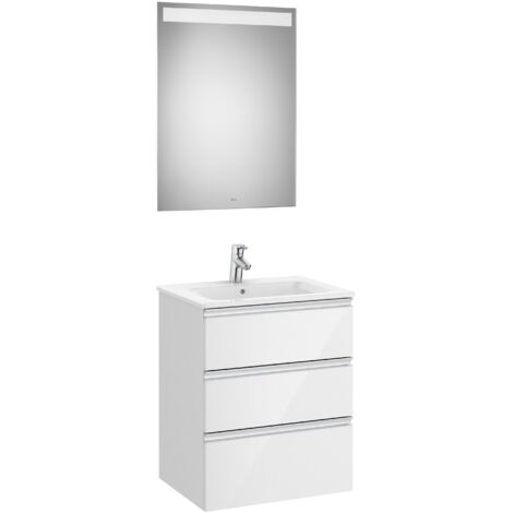 Conjunto de mueble 3 cajones, lavabo y espejo con LED THE GAP - ROCA Color: Blanco brillo - Medidas: 605 mm