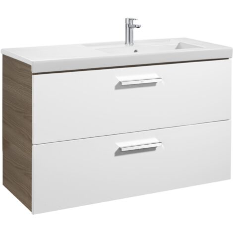 Unik mueble con dos cajones + lavabo PRISMA - ROCA Color: Blanco - Fresno - Posición del lavabo: Derecha