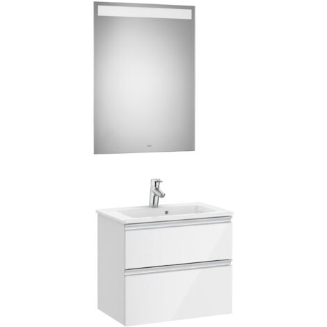 Pack mueble de 2 cajones 600 mm + lavabo + espejo LED THE GAP - ROCA Color: Blanco brillo