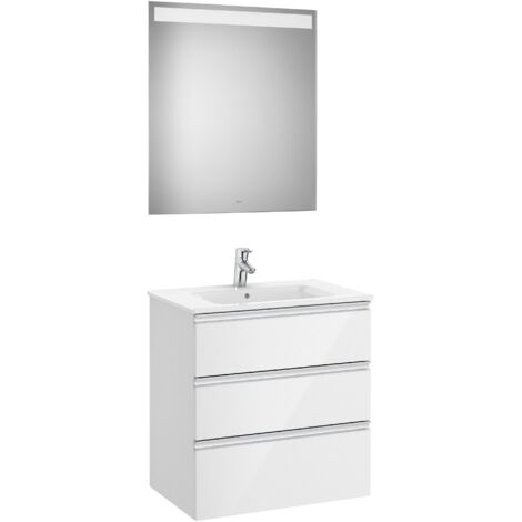 Conjunto de mueble 3 cajones, lavabo y espejo con LED THE GAP - ROCA Color: Blanco brillo - Medidas: 705 mm