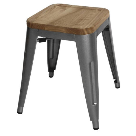 Tabourets Bistro Bas en Acier Gris Métal avec Assise en Bois - Lot de 4 - Bolero (1/3)