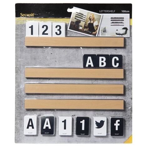 Décoration et signalétique lettre - Support bois teck - 1 Mètre de long (4 étagères de 25cm) - incluant 169 lettres, symboles et chiffres. - Securit