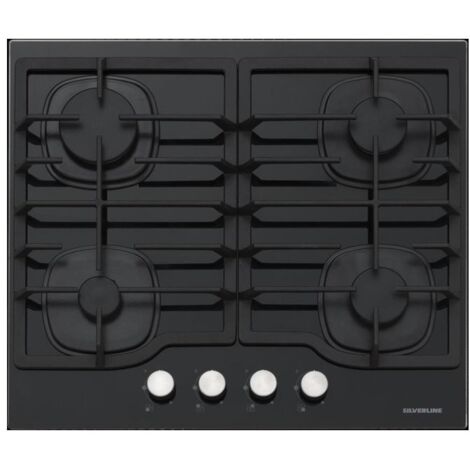 Silverline CS5404B01 Piano Cottura 4 Fuochi a Gas da Incasso Larghezza 60 cm Griglie in Ghisa Piano in Vetro colore Nero