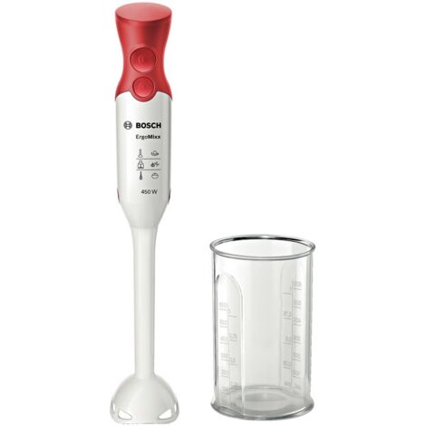 Bosch MSM64010 ErgoMixx - Frullatore a immersione 450 W, 2 velocita' (normale + Turbo), bicchiere graduato incluso, lama QuattroBlade in acciaio inox, colore Bianco e rosso (1/5)