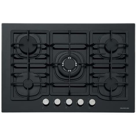 Silverline CS5405B01 Piano Cottura 5 Fuochi a Gas da Incasso (1 bruciatore WOK) Larghezza 75 cm Griglie in Ghisa Piano in Vetro colore Nero