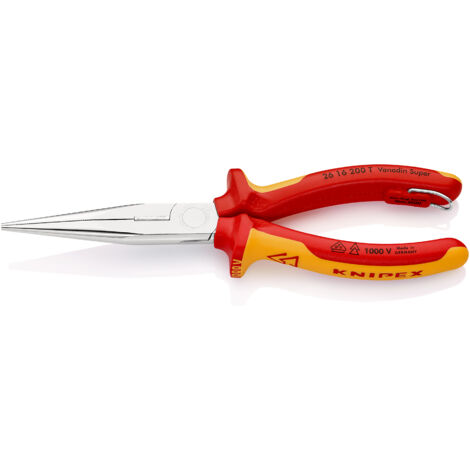 KNIPEX 26 16 200 T Pinza per meccanica - con becchi mezzotondi con tronchese (pinza a becchi di cicogna) isolante con manici rivestiti in materiali multicomponenti, collaudati VDE con anello di fissag