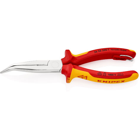 KNIPEX 26 26 200 T Pinza per meccanica - con becchi mezzotondi con tronchese (pinza a becchi di cicogna) isolante con manici rivestiti in materiali multicomponenti, collaudati VDE con anello di fissag
