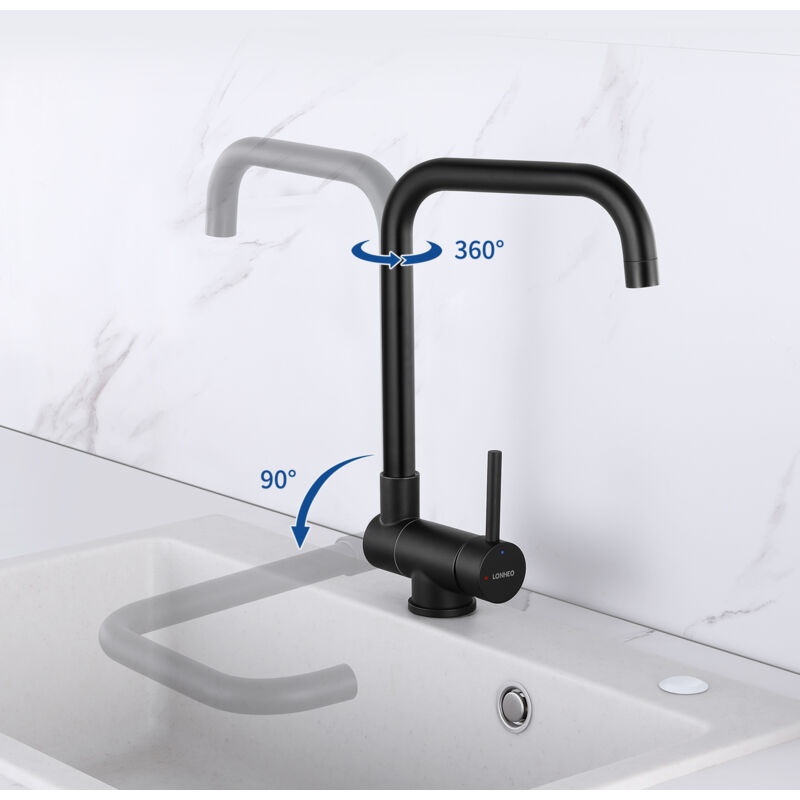 CREA Schwarzer Einhebel-Wasserhahn Mit Hohem Bogen – 360° Drehbar, Für Waschbecken, Küche, Wohnmobil & Outdoor