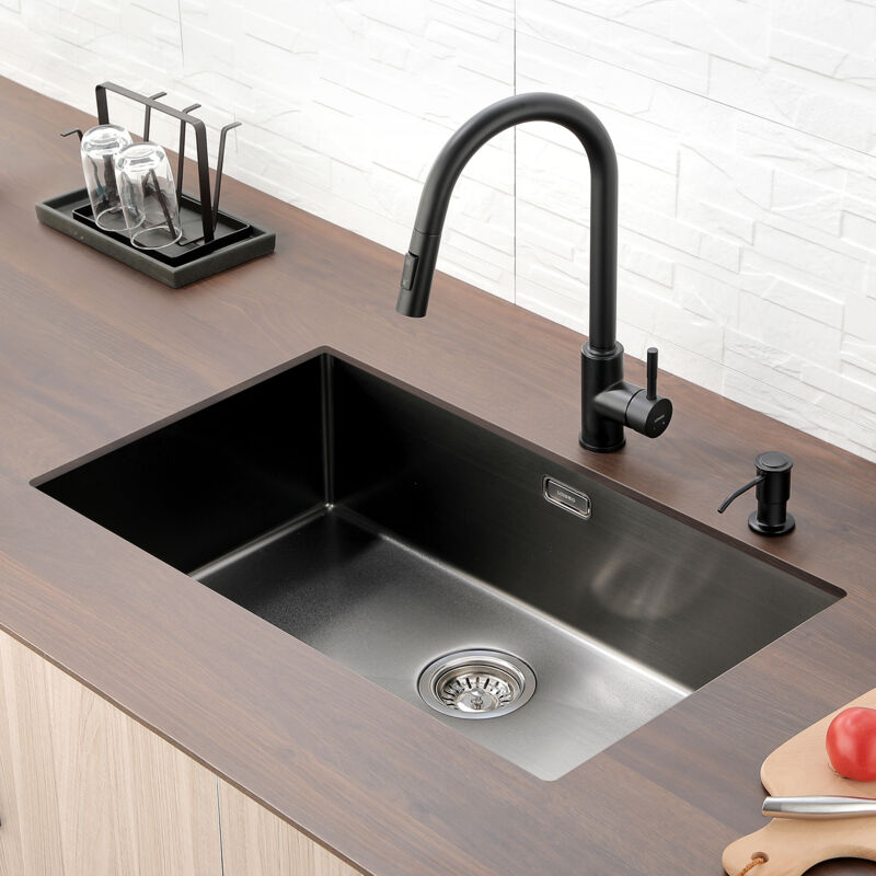 VOKIM 38,1 Cm Unterbau-Küchenspüle Aus Edelstahl – Schwarz, 16 Gauge, Mit Sieb & Schallschutz