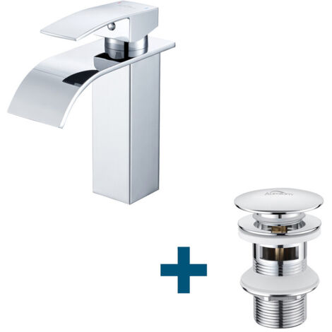Auralum Waschtischarmatur Wasserfall Wasserhahn + Ablaufgarnitur mit Überlauf, Wasserhahn Bad mit Pop Up, Chrom