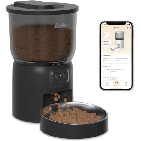 Balimo 3L Automatischer Katzenfutterspender, 2,4G WiFi, 10 Sekunden App-Steuerung, 1-10 Mahlzeiten pro Tag, Schwarz