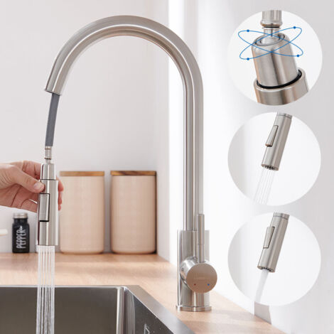 Edelstahl Wasserhahn Küche ausziehbar mit 2 Strahlarten 360° drehbar Hochdruck Küchenarmatur, Einhebelmischer Armatur Küche Spültischarmatur Mischbatterie