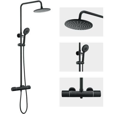 Auralum Duschsystem mit Thermostat Regendusche Edelstahl Regenkopf Runde Duschsäule Duschgarnitur Duscharmatur inkl. 3 Strahlarten Handbrause, höhenverstellbar Duschstange, Schwarz