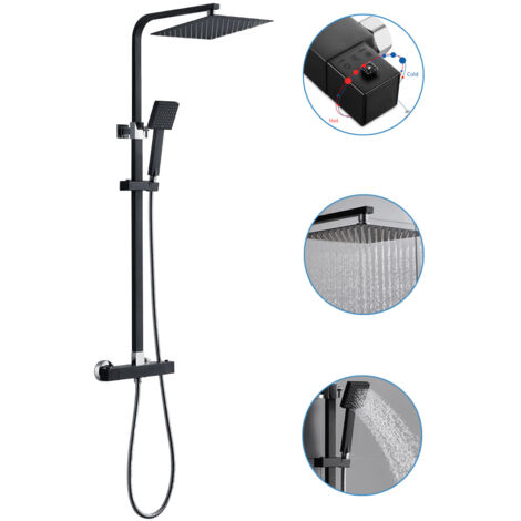 Auralum Schwarze Thermostat Duschsystem mit XXL Regenbrause, Handbrause