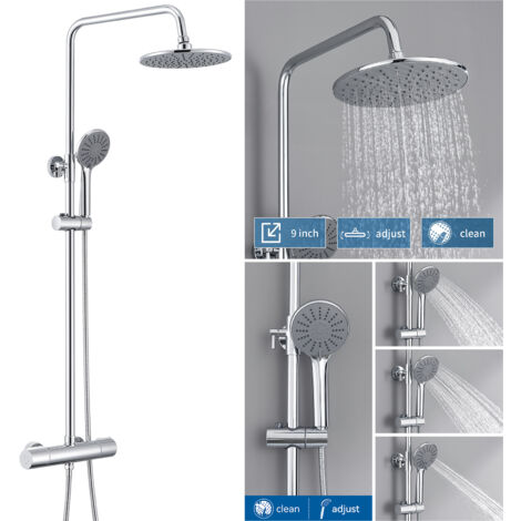 Auralum Dusche Duschsystem mit Thermostat 2 Funktionen Duschset inkl. 3 Strahlarten Handbrause, höhenverstellbar Duschstange