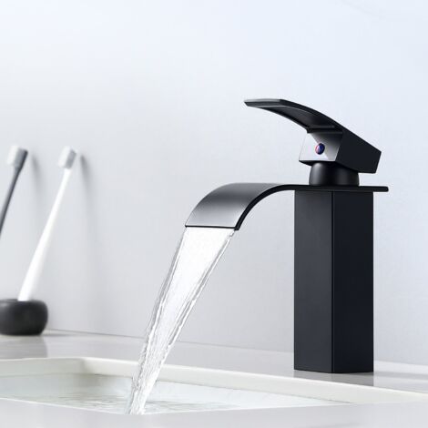Auralum Hochdruck Wasserfall Wasserhahn Bad Armatur Mischbatterie Badarmatur Einhebelmischer Waschtischbatterie für Badezimmer, Schwarz