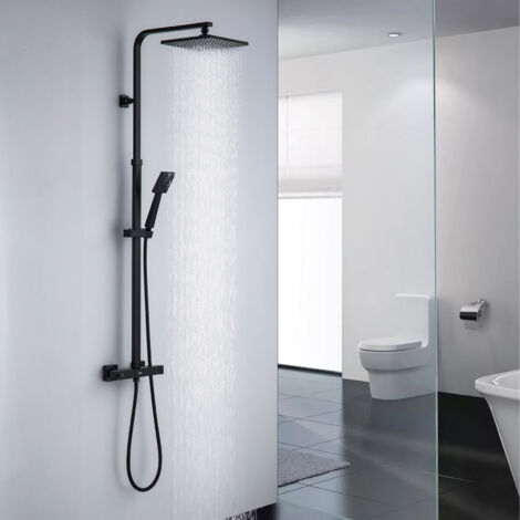 Schwarz Duschsystem mit Thermostat, Duschset mit Quadrat Kopfbrause, Handbrause, Regendusche Höhenverstellbar, Duschsäule Schwarz, mit Anti-Verbrühung-Duschsystem