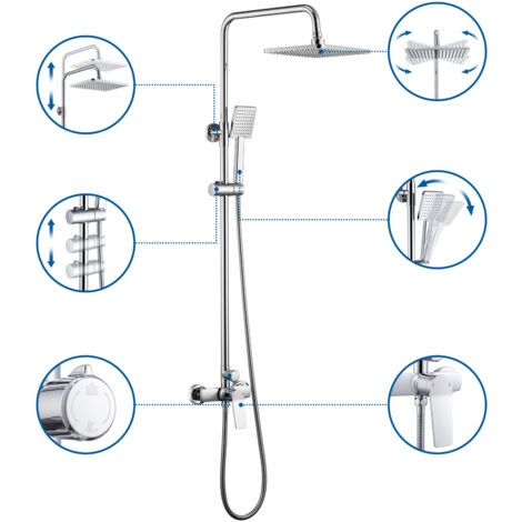 Auralum Duschset Quadrat Duschsäule Duschsystem, Chrom Regendusche Duschset mit Kopfbrause eckig und Handbrause, Höhenverstellbare Duschstange für Dusche und Badezimmer