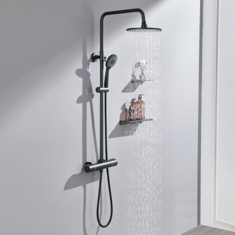 Duschsystem mit Thermostat Regendusche Edelstahl Regenkopf Runde Duschsäule Duschgarnitur Duscharmatur inkl. 3 Strahlarten Handbrause, höhenverstellbar Duschstange, Schwarz
