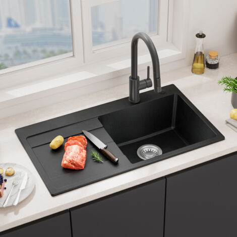 Granitspüle 78 x 45 cm Küchenspüle Granit, Einbauspüle mit Siphon Ab- und Überlaufgarnitur, Aufsatzspüle für die Küche