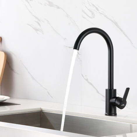 Auralum schwarzer Küchenwasserhahn, hoher drehbarer Auslauf 360° Küchenarmatur mit abnehmbarer Perlator, heißes und kaltes Wasser 50 cm Schlauch (1/5)