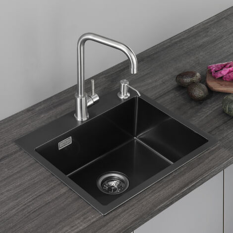 CECIPA Spülen mit 1 Becken, Anthrazit Einzelbecken-Küchenspülbecken, 50 x 45 cm Arbeitsplatte oder eingebauter Edelstahl 304 mit Abfluss und Siphon