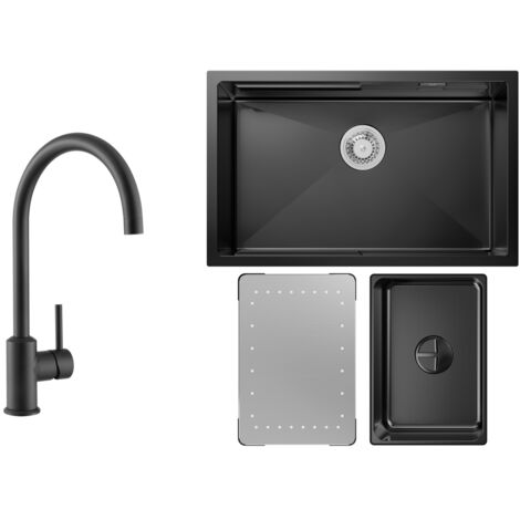Küchenspüle 1.5 Becken 70x44cm EdelstahlSpüle Anthrazitschwarz Unterbauspüle + Hochdruck-Küchenarmatur Schwarz Hohe 363.7MM (1/4)