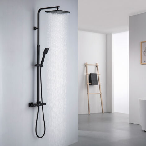 Duschsystem mit Thermostat, Duschset mit Quadrat Kopfbrause, Handbrause, Regendusche Höhenverstellbar, Duschsäule Schwarz, mit Anti-Verbrühung-Duschsystem, Schwarz