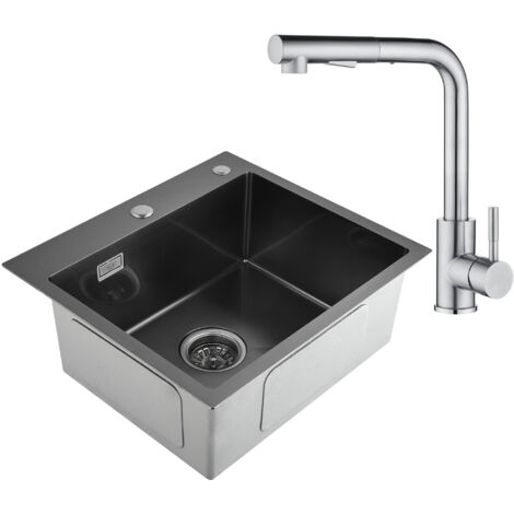 CECIPA 2 in 1 Küchenspüle schwarz 50 x 45 x 18,5 cm + ausziehbarer Küchenarmatur aus Edelstahl