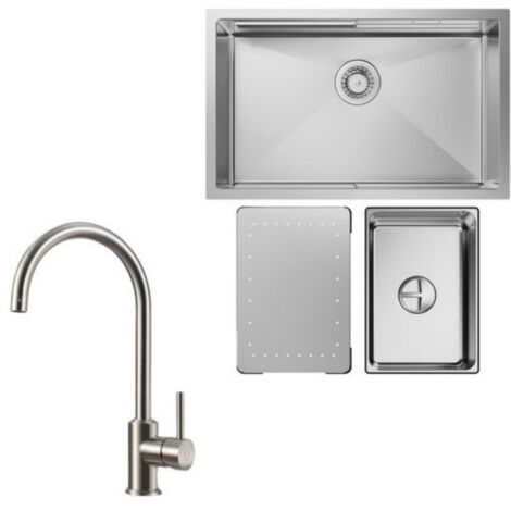 Küchenspüle 1.5 Becken 70x44cm EdelstahlSpüle Gebürstete Unterbauspüle + Hochdruck-Küchenarmatur Gebürstete Küche Wasserhahn Hohe 363.7MM (1/4)