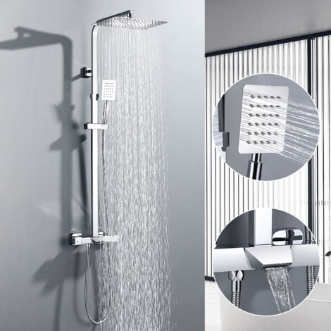 Thermostat-Duschsystem, 3-Funktions-Duscharmatur, Komplettset mit Regendusche, Handbrause und Wasserfall-Badewannenarmatur, Duschgarnitur für Badewannen