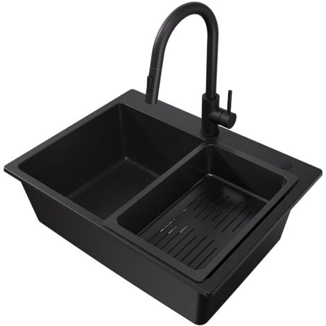 Granitspüle 60 × 45 cm Küchenspüle Granit mit Abtropfkorb, Aufsatz Spüle Küchenspülbecken + Hochdruck Ausziehbare Küchenarmatur