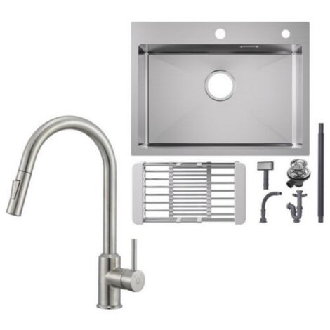 CECIPA MAX Küchenspüle aus Edelstahl 60 x 45 cm Aufsatzwaschbecken Gebürstet + Ausziehbare Küchenarmatur gebürstete mit 2 Strahlarten Küche Wasserhahn(Höhe 404 mm) (1/5)