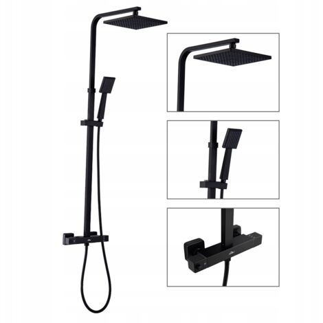 Auralum Duschsystem mit Thermostat Schwarz, Quadratisch Duschset Duscharmatur ink. 10-zoll Kopfbrause, Handbrause und Höhenverstellbar 90 -124 cm, Anti-Verbrühungs-Duschsystem