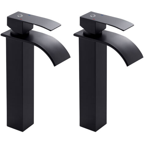 2PCS Cecipa Wasserhahn Bad Waschtischarmaturen mit Hoher Wasserfall Auslauf für Badezimmer Waschbecken Schwarz