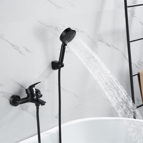 Auralum Badewannenarmatur mit Handbrause 5 Funktionen Schwarz, Badewannen Amaturen mit Multifunktions-Handbrause für Badewanne und Badzimmer