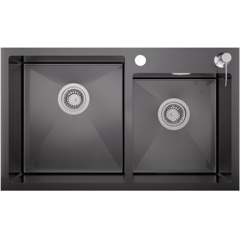 Auralum Rechteckige Küchenspüle 75 x 45 x 19 CM, 2 Becken Edelstahl Einbau Spülbecken inkl. Ablaufgarnitur und 300ml Seifenspender, Dunkelgrau