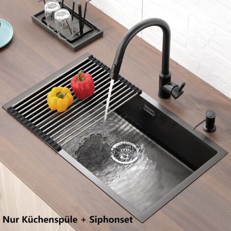 Edelstahl Küchenspüle 74x44x20cm Einzelbecken Spülbecken Waschbecken mit Siphon, Überlauf und Ablaufgarnitur, Geeignet für Desktops länger als 80cm