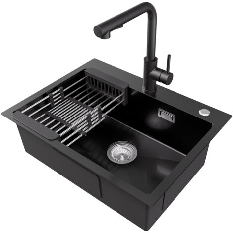 CECIPA MAX Küchenspülen-Sets, 60 × 45 cm Einzelbecken Edelstahl-Küchenspüle mit ausziehbarer Küchenarmatur, Abflusskorb, Anthrazit