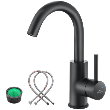 Auralum Schwarz Wasserhahn 360° Drehbar Bad Armatur Waschbecken Mischbatterie Waschtischarmatur Einhandmischer Badarmatur fürs Badezimmer (1/5)