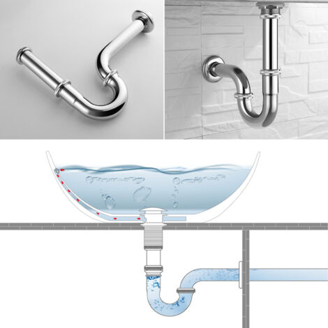 Universal Siphon Edelstahl Röhrensiphon mit Ablaufgarnitur 1/4 x Ø 32 mm für Waschbecken und Waschschalen, CHROM