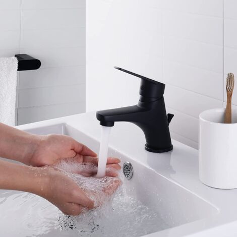 CECIPA Waschtischarmatur mit Zugstange Ablaufgarnitur  Klein Wasserhahn Bad für Badezimmer, Gäste-WC  Schwarz  Messing