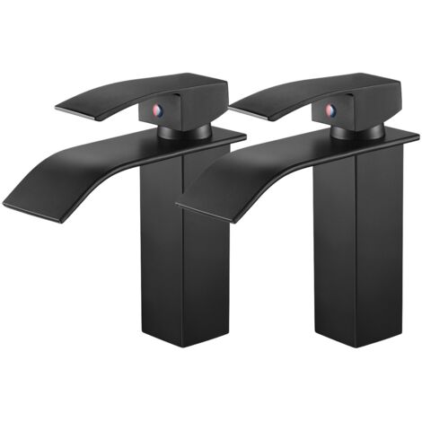 2pcs Schwarz Messing Waschtischarmatur Wasserfall Wasserhahn Bad Waschbeckenarmatur Badarmatur Einhebelmischer Armatur Bad Mischbatterie für Badezimmer (1/5)