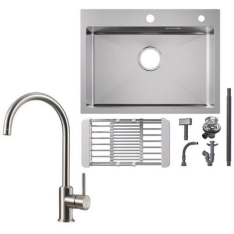 Küchenspüle aus Edelstahl 60x45cm Aufsatzwaschbecken Gebürstete + Hochdruck-Küchenarmatur Gebürstete Küche Wasserhahn Hohe 363.7MM (1/4)