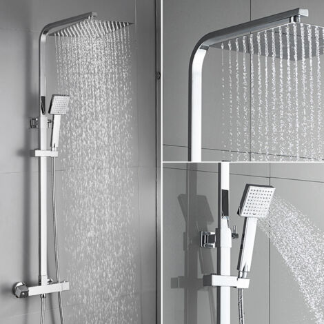 Auralum Thermostat Duschsystem, Regendusche mit Thermostatarmatur, quadratisches Duschset mit Kopfbrause, Handbrause und höhenverstellbarer Duschsäule, Chrom
