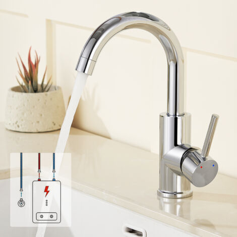 Niederdruck Wasserhahn Bad, 360° drehbare Waschtischarmatur Bad, Waschbecken Armatur mit hohem Auslauf, Mischbatterie für Badezimmer, Chrom