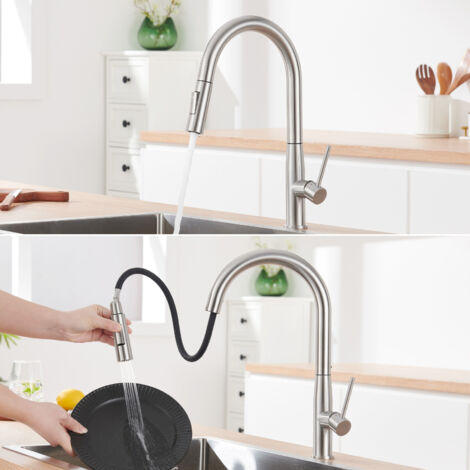 Hochdruck ausziehbare Küchenarmatur, Küchenwasserhahn aus Edelstahl, 360° schwenkbar, Mischbatterie mit 2 Strahlarten, Gebürstet (1/5)