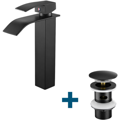 Auralum Waschtischarmatur Hoch Wasserfall Wasserhahn + Ablaufgarnitur mit Überlauf, Wasserhahn Bad mit Pop Up, Schwarz (1/5)