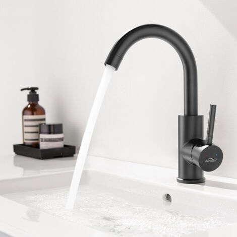 Auralum Hochdruck Armatur Bad Einhebelmischer, Schwarz Waschtischarmatur für Bad, schönes Design Bad Mischbatterie Kaltes und heißes Wasser (1/5)