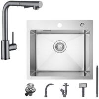Spülbecken mit 1 Becken 50×45CM Edelstahlspüle Gebürstete + Küchenarmatur mit 2 Strahlarten Grau ausziehbarer Spültischarmatur, Höhe 345 mm